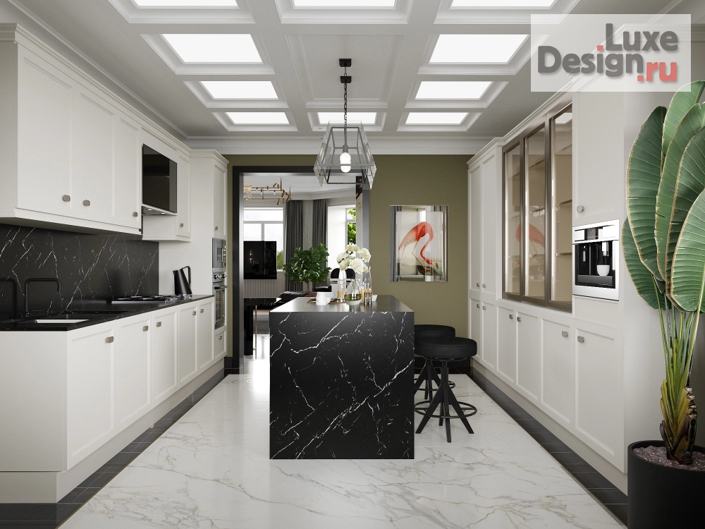 Дизайн интерьера коттеджа "Кухня с кессонным потолком" (фото 1)