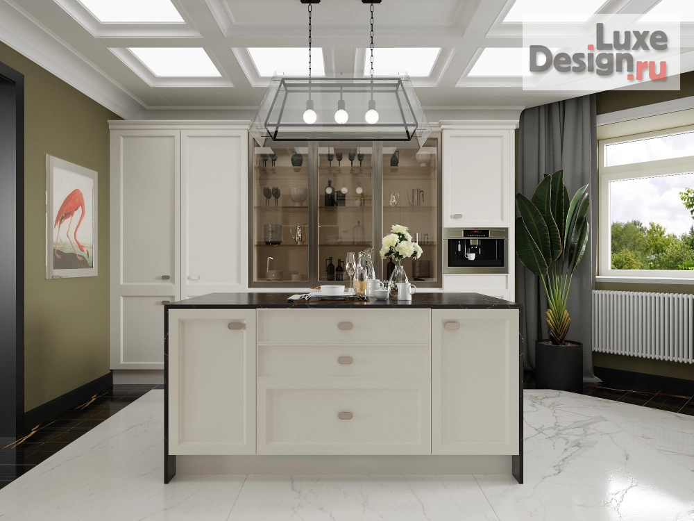 Дизайн интерьера коттеджа "Кухня с кессонным потолком" (фото 2)