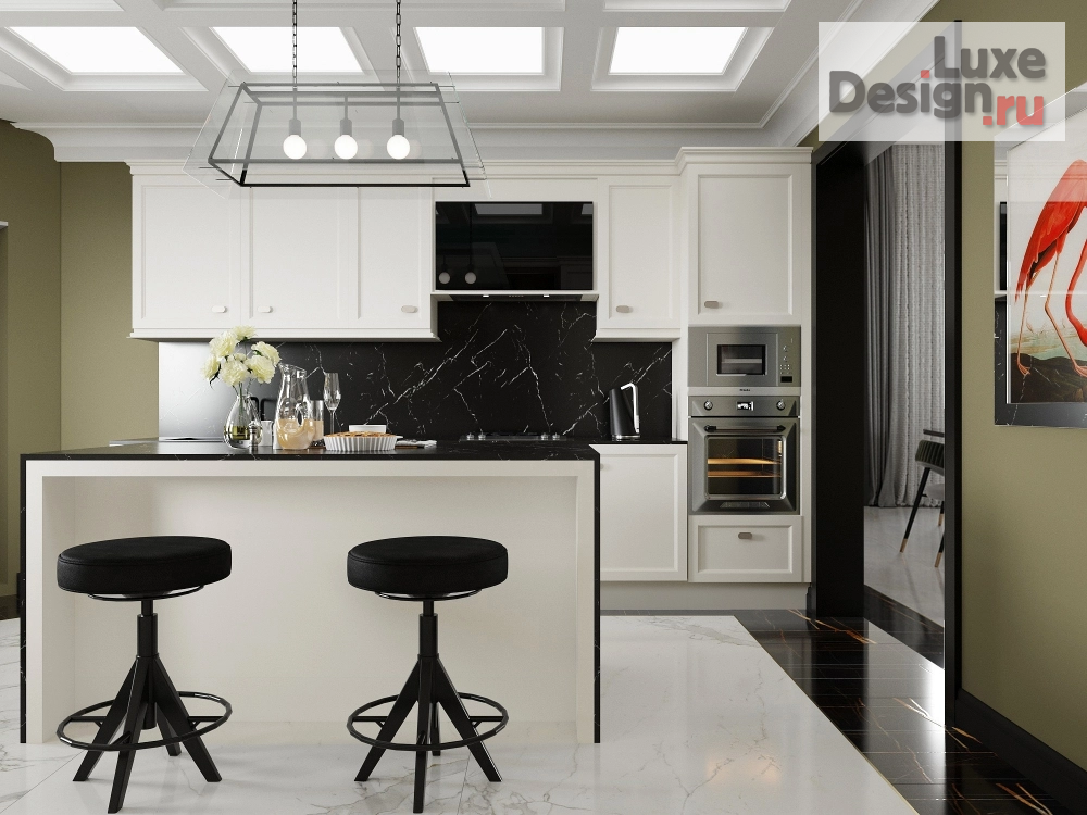 Дизайн интерьера коттеджа "Кухня с кессонным потолком" (фото 3)
